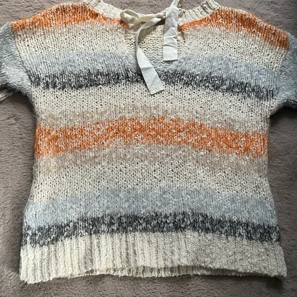 Anthropologie Meadow Rue Kennedy Fuzzy Knit Stripe Back Bow Sweater sz M Orange - Picture 9 of 11